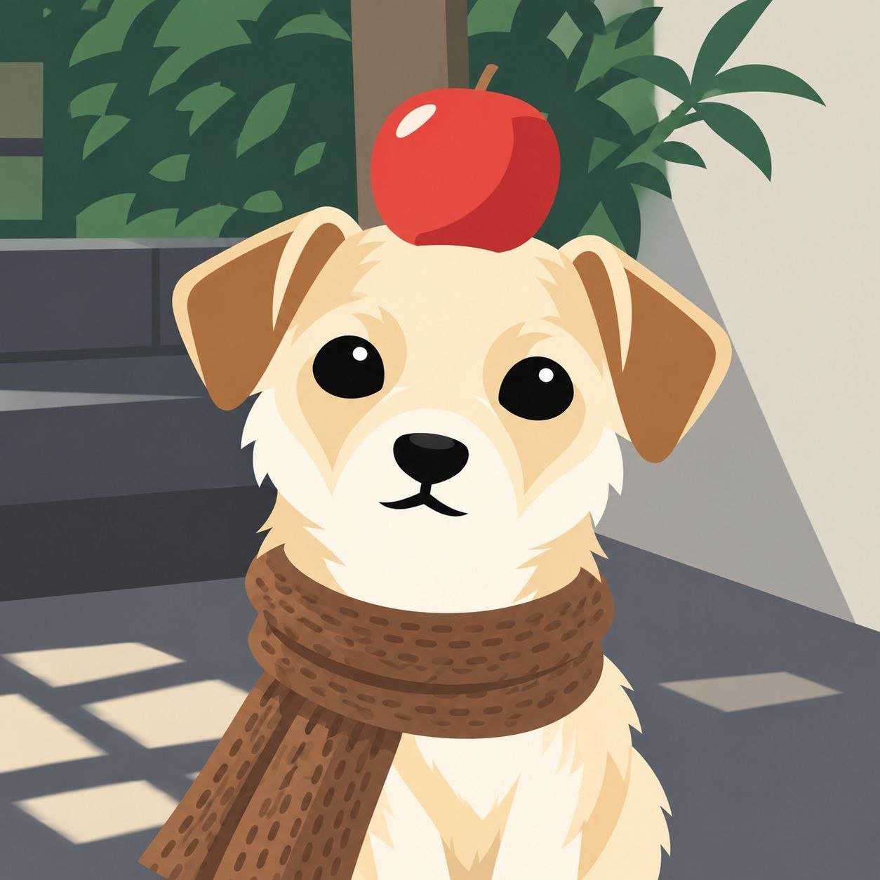 Cali in a knitted scarf with an apple balanced on her head