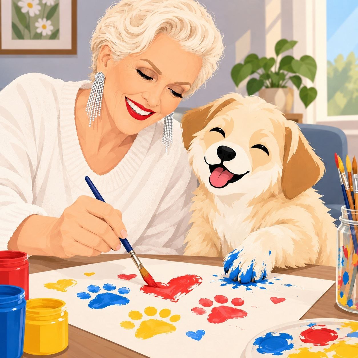 Cali making paw-print paintings with Maye Musk