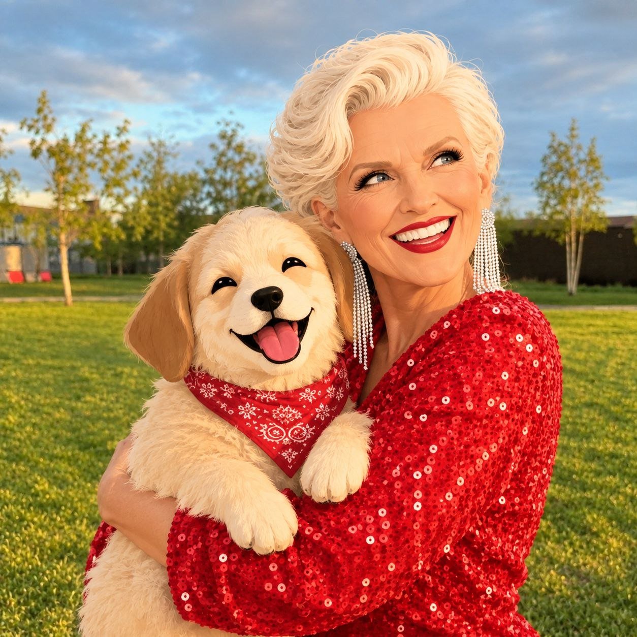 Cali being hugged in a sunny park